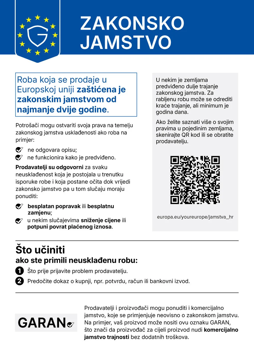Službena obavijest EU o zakonskom jamstvu: roba koja se prodaje u Europskoj uniji zaštićena je zakonskim jamstvom od najmanje dvije godine