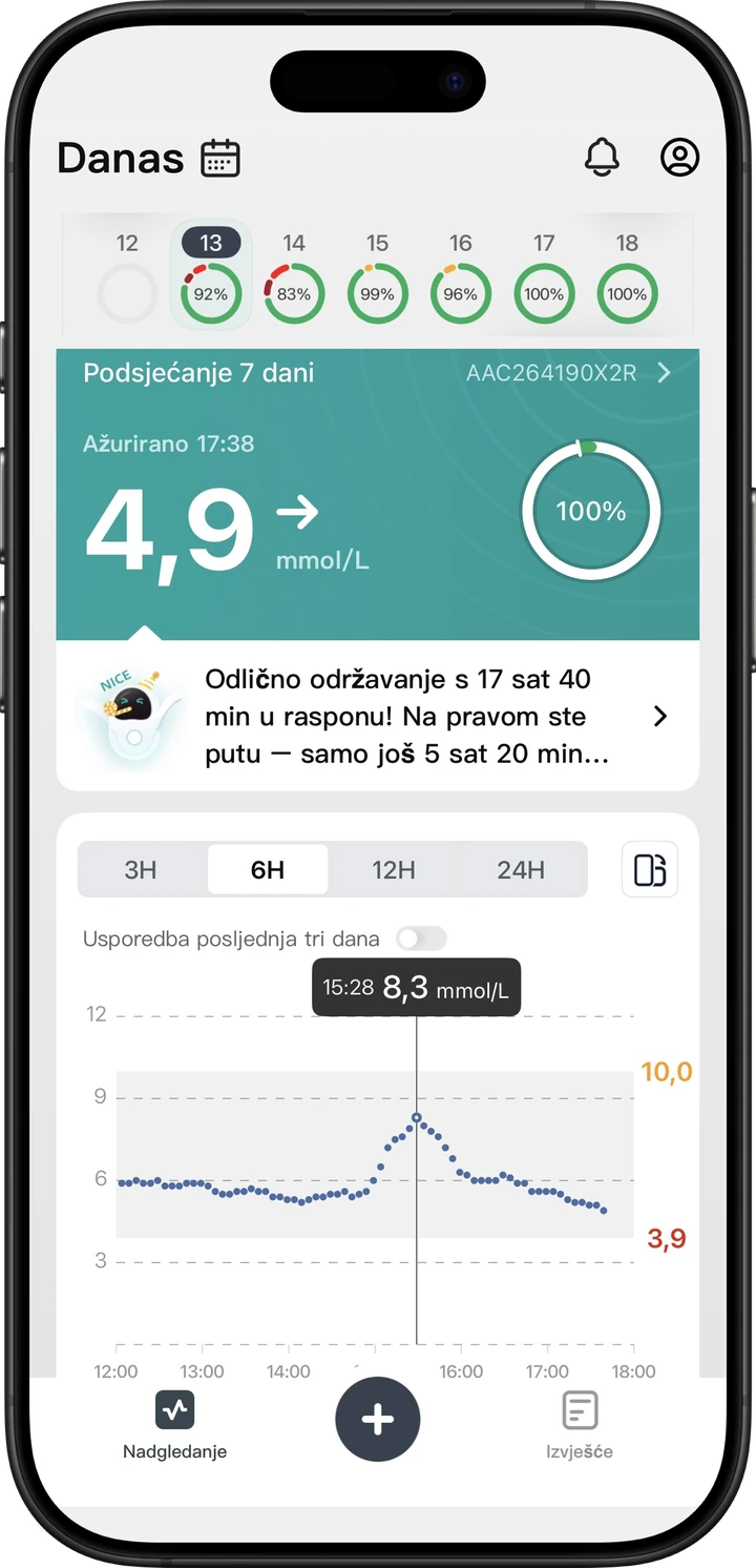SIBIONICS GS3 aplikacija, početni zaslon s trenutnom vrijednosti glukoze