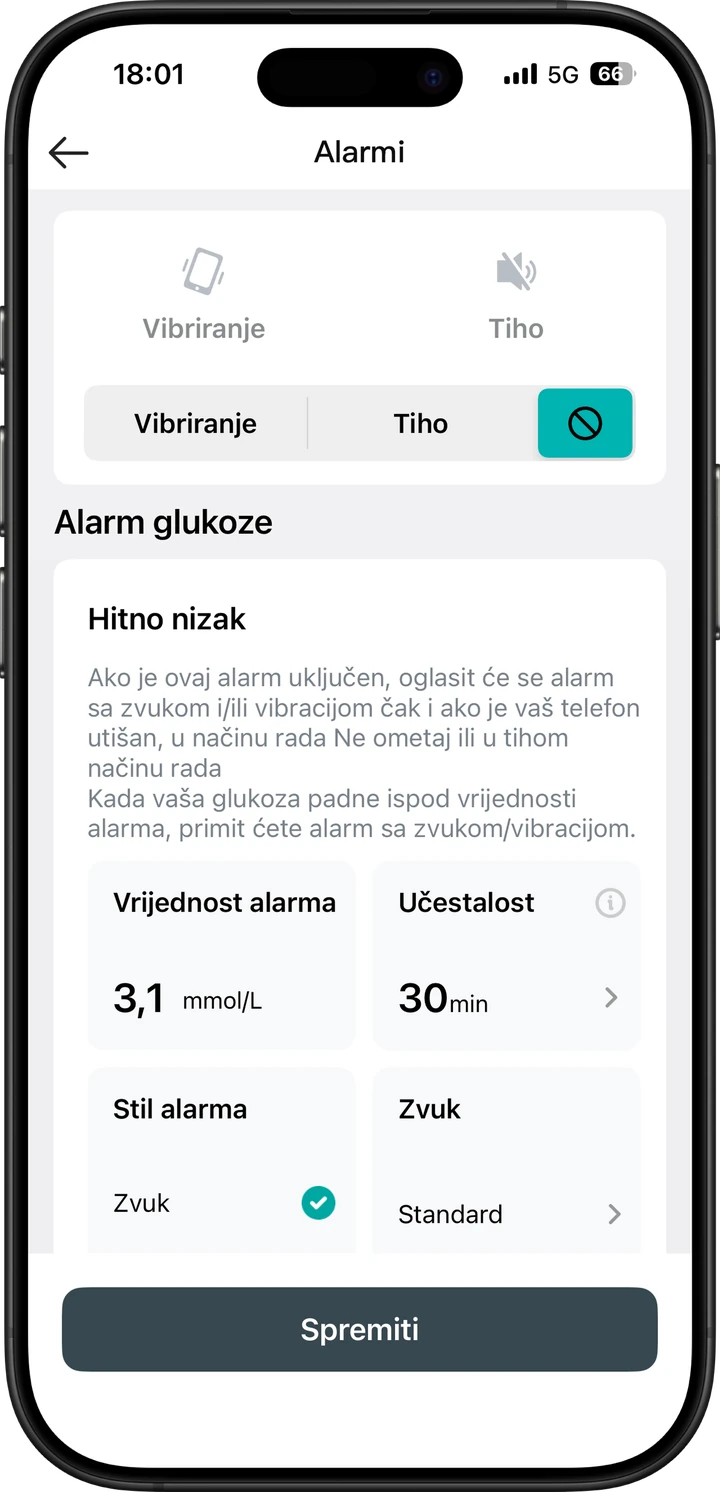 Postavke granica i alarma za glukozu