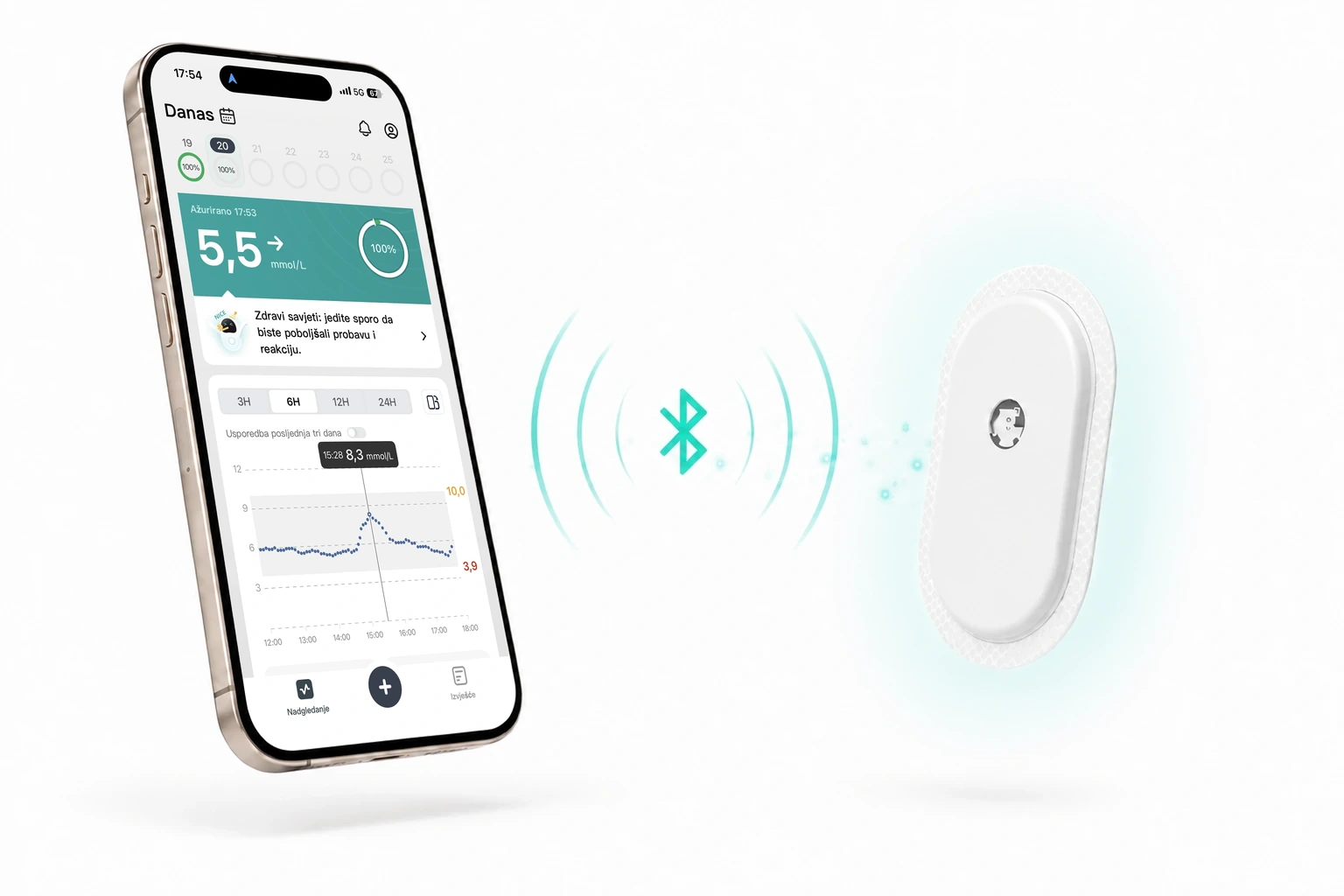 SIBIONICS GS3 senzor bežično povezan s aplikacijom putem Bluetootha