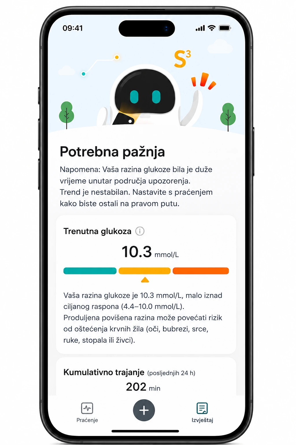 Upozorenje o povišenoj razini glukoze u SIBIONICS GS3 aplikaciji