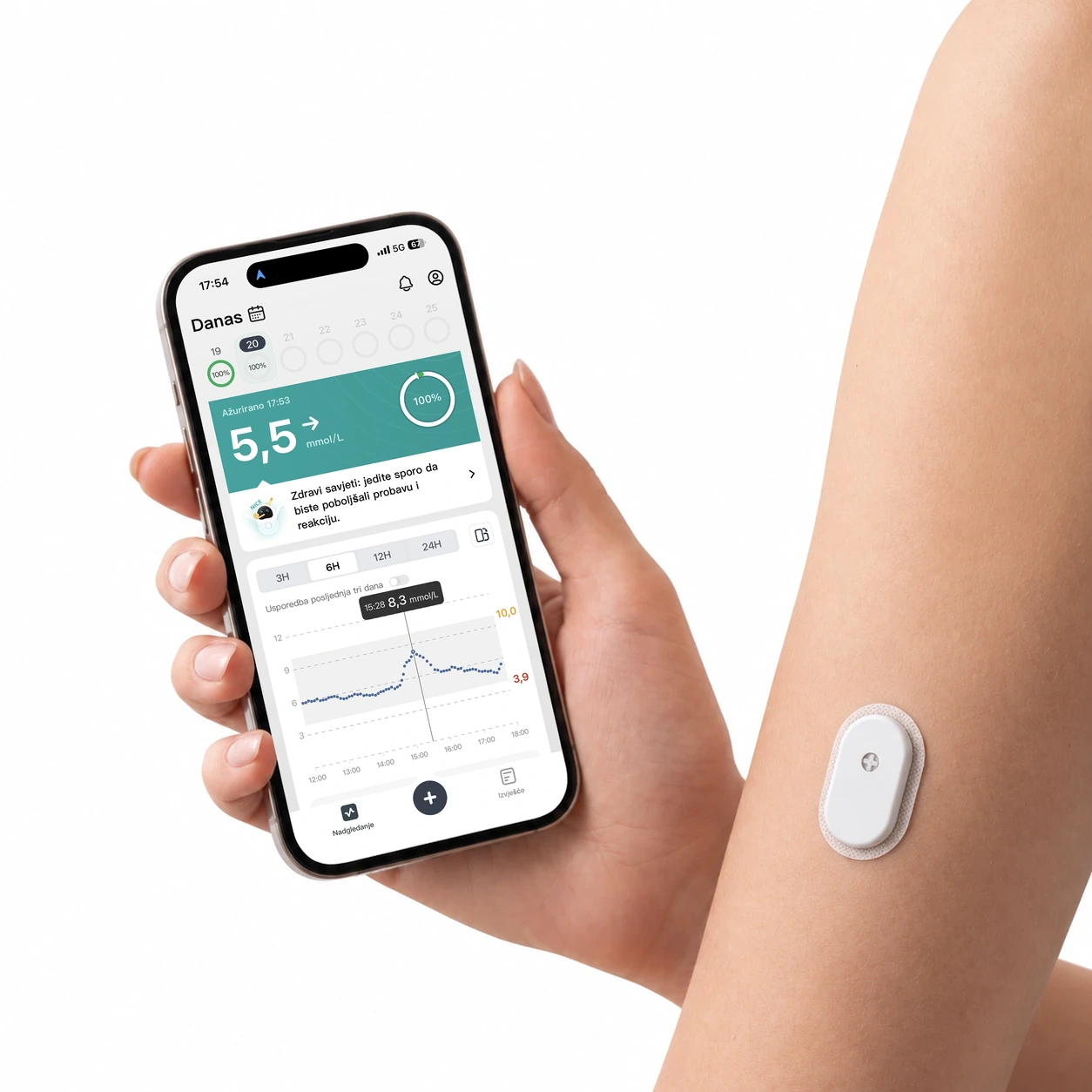 Ruka drži telefon sa SIBIONICS GS3 aplikacijom, senzor na nadlaktici
