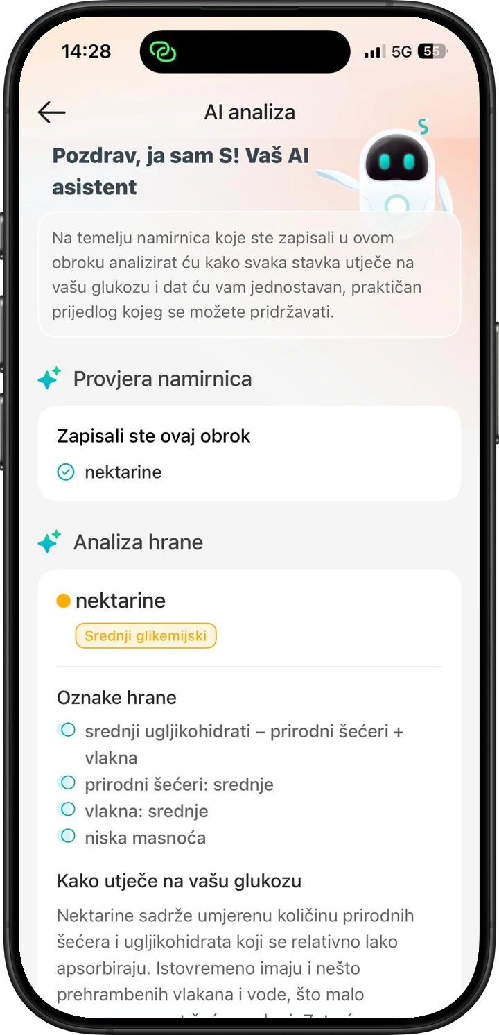 AI analiza fotografije obroka s procijenjenim unosom ugljikohidrata