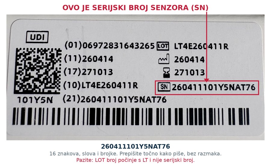 Naljepnica na kutijici senzora s označenim serijskim brojem pored oznake SN